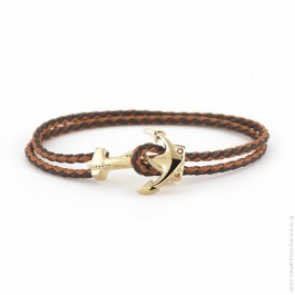 Bracelet cuir tressé moka ancre plaquée or